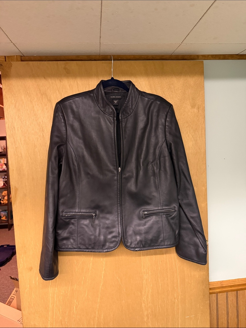 Vintage Valerie Stevens Black Leather Collarless Jacket